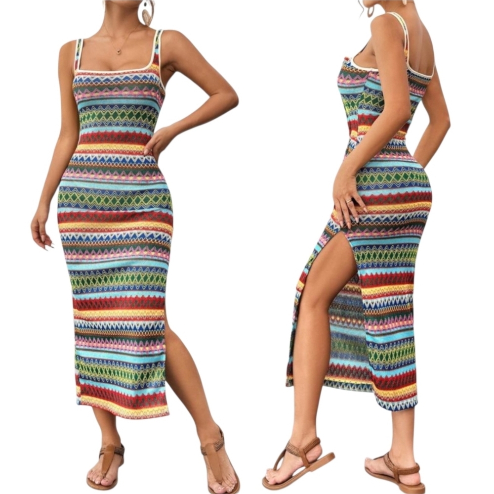 SHEIN Multicolor Geo Printed Slit Slim Fit Crochet Sundress